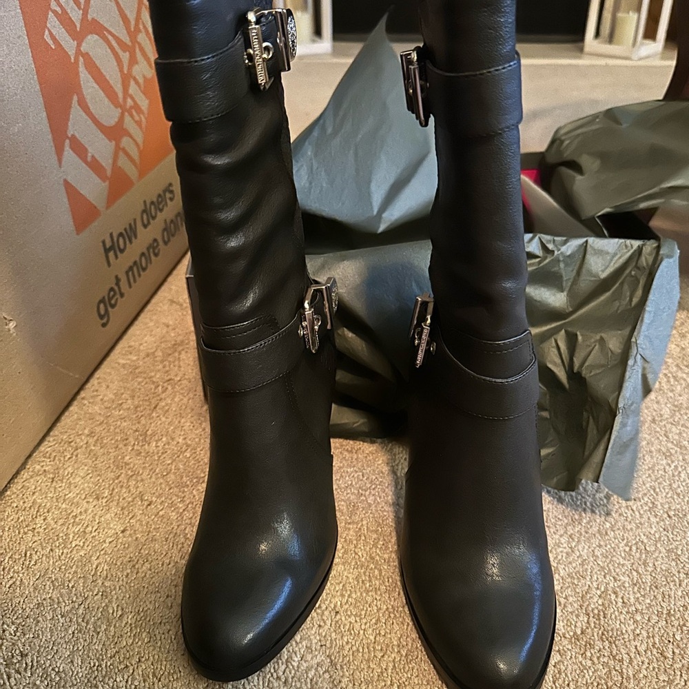 Vince Camuto Callison Buckle and Zipper Women's Black Leather Mid Calf Boots